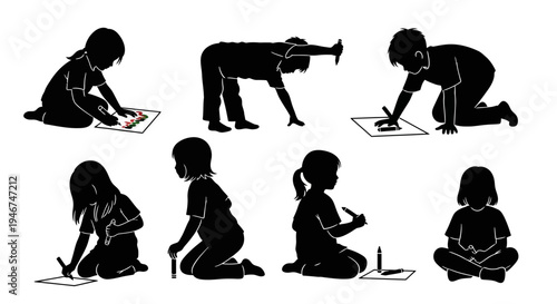 Children Silhouettes Drawing and Painting, Creative Kids Activities, Diverse Poses
