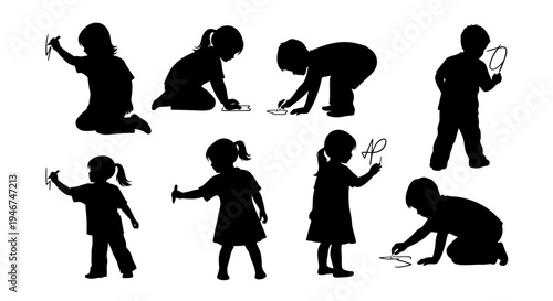 Children Silhouettes Drawing and Writing on Whiteboard