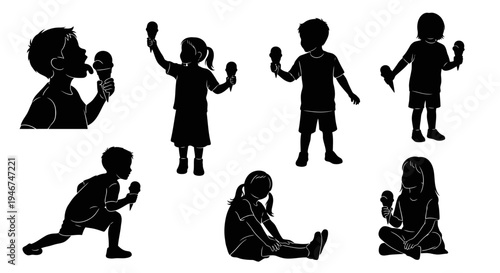 Children Silhouettes Eating Ice Cream Cones, Summer Fun, Diverse Poses