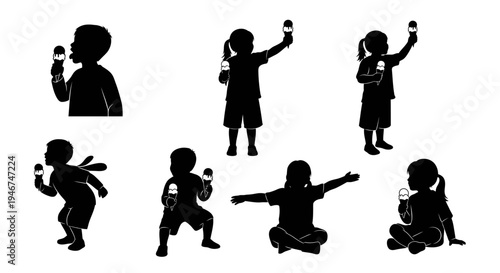 Children Silhouettes Eating Ice Cream Cones in Various Poses