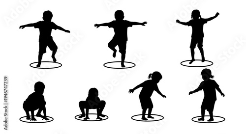 Children Silhouettes Exercising and Playing in Circles