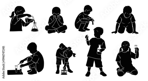 Children Silhouettes Engaged in Science Experiments, Exploring, Learning, and Discovering