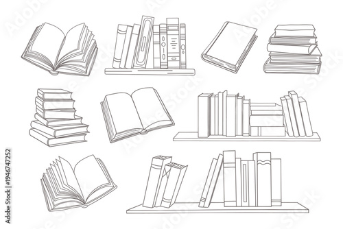 Books collection isolated on white background. Line art illustration.