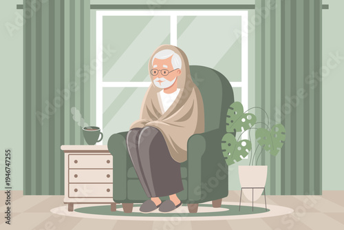 Sad senior man in blanket sitting in armchair and drinking a hot drink. Concept of illness, sickness, cold, flu, fever. Illustration.