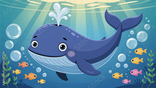 A charming cartoon illustration of a smiling blue whale swimming underwater with colorful fish and bubbles surrounded by seaweed in a sunny ocean scene