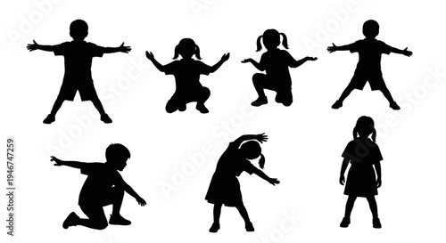 Children Silhouettes Exercising and Playing Outdoors
