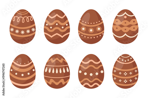 Set of Decorated Chocolate Easter Eggs. Illustration.