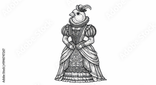 Victorian Era Chicken Lady in Elaborate Gown.