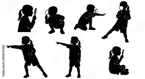 Children Silhouettes Exploring with Magnifying Glass, Pointing, and Observing
