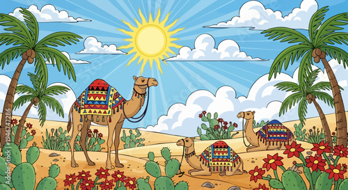 Desert landscape vector illustration with three dromedary camels, vibrant palm trees, blooming cacti, and a bright sun in a blue sky, perfect for travel, adventure, or Middle Eastern themes.
