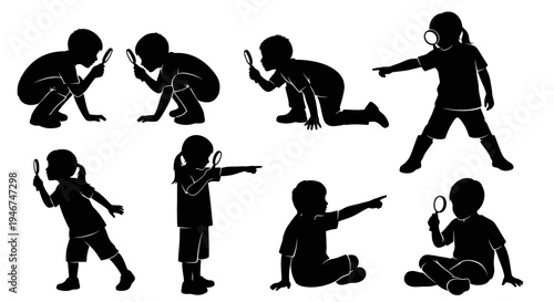 Children Silhouettes Exploring with Magnifying Glass and Pointing, Diverse Poses