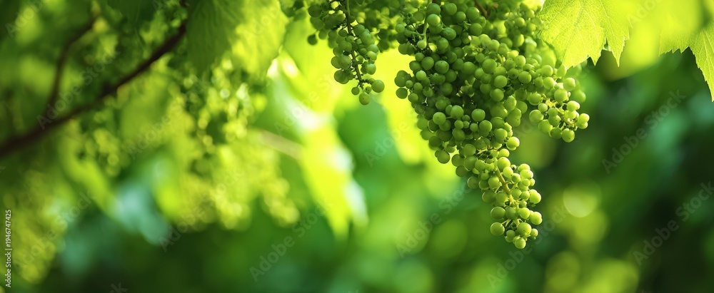 Naklejka premium The grape cluster hanging on a sunlit vine in a lush summer vineyard