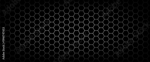 Fiber honeycomb gradient with carbon hexagon on black background for tech presentation. Large hex grid glows from a bright gradation at the center. Dark honeycomb vector background for bg design.