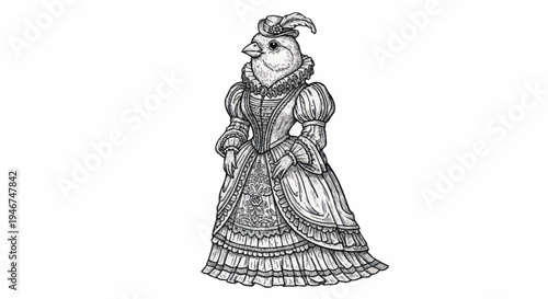 Elegant Chicken Lady in Victorian Dress Illustration.
