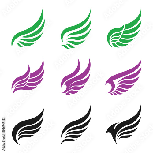 Three sets of stylized wing in green purple and black colors wing stylized wings