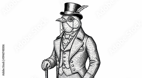 Vintage Gentleman Bird Wearing Top Hat and Monocle.