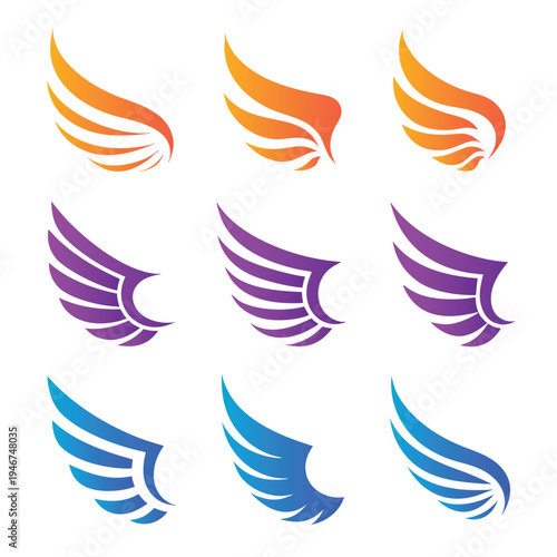 Three sets of colorful wing-shaped symbols in orange, purple, and blue