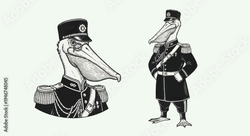 Two Pelicans Dressed in Military Uniforms Standing Proudly.