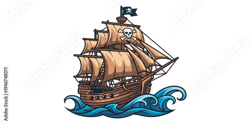 Pirate Ship Sailing on Ocean Waves.