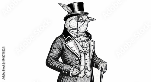Elegant Penguin Dressed in Vintage Formal Attire with Monocle.