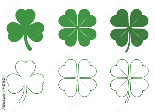 Clover leaves vector set, botanical shamrock leaf illustration, lucky plant symbol design, green nature foliage graphic