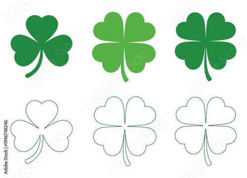 Clover leaves vector set, botanical shamrock leaf illustration, lucky plant symbol design, green nature foliage graphic