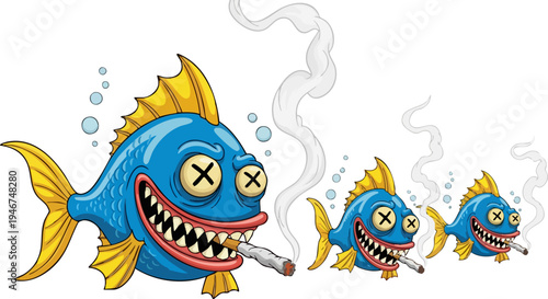 Cartoon Blue Fish Smoking Cigarettes Vector Illustration Set with Yellow Fins, Dead Eyes, and Sharp Teeth, Depicting Addiction and Pollution