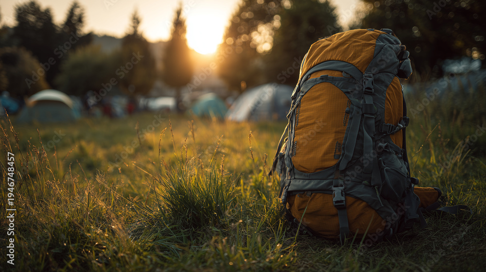 Obraz premium Hiking backpack in campsite at sunset, outdoor adventure travel gear in mountain camping landscape