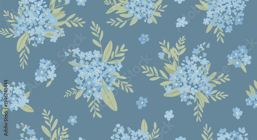 Seamless vector pattern featuring delicate blue forget-me-not flowers with green leaves on a muted blue background, ideal for spring and summer designs, textiles, and digital backgrounds.