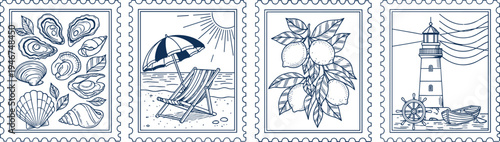 Cad drawing flat vector illustration of vintage postage stamps featuring seashells, beach chair, lemon branch, and lighthouse for summer travel.