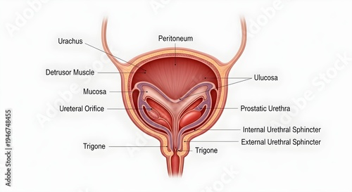 Color cross‑section illustration of the urinary bladder showing detrusor muscle, mucosa with rugae, ureteral orifices, trigone, prostatic urethra, and internal and external urethral sphincters forming