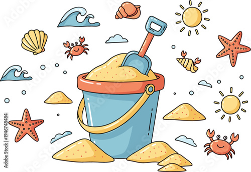 Cute beach sand bucket and shovel with seashells starfish crabs waves and sunshine summer seaside vacation playful flat vector illustration