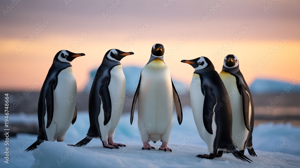 Fototapeta premium Emperor Penguins Standing on Arctic Ice at Sunset, Majestic Antarctic Wildlife Scene with Penguin Colony in Frozen Polar Landscape