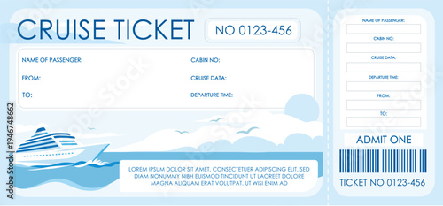 Vector cruise ticket template with a ship, data fields, and a barcode. Light blue palette, sleek design.