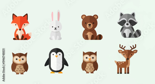 Collection of Adorable Forest and Arctic Animals in Flat Design Style.