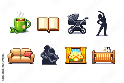 Pixel art icons depicting cozy home life with tea mug, open book, baby stroller, walking person, sofa, sitting figure, sunny window, and crib
