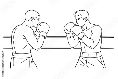 Black and white line drawing of two boxers facing each other in a ring, gloves raised in defensive stance before a sparring match