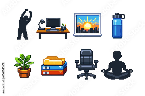 Pixel art set of daily routine and workspace icons featuring stretching figure, desk computer, sunrise window, water bottle, plant, books, chair, meditation