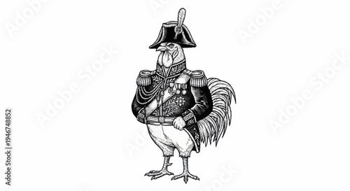Rooster in Military Uniform Standing Proudly.