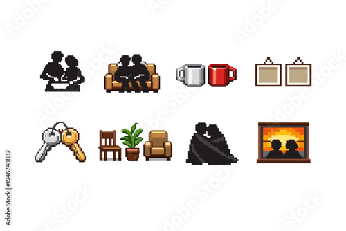 Pixel art icons depicting couples and home life, including sofa cuddling, mugs, wall frames, keys, furniture set, jacket, and sunset painting