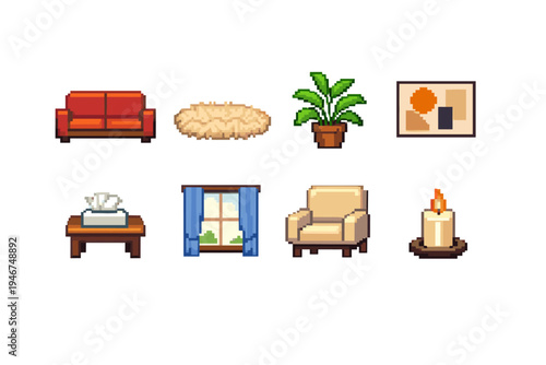 Pixel art home interior furniture set with sofa, rug, potted plant, wall picture, table with tissue box, window curtains, armchair, and candle