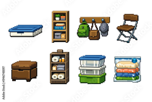 Pixel art set of household storage and furniture icons including plastic bins, shelf, luggage bags, stool, chest, and folded clothes organizer