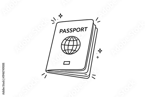 Minimal black and white line illustration of a passport booklet with globe emblem, simple travel document icon isolated on a clean background