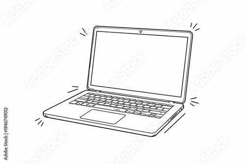 Minimal black and white line drawing of an open laptop computer with blank screen and keyboard, simple sketch style technology illustration on white