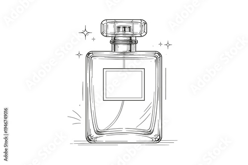 Minimalist line art illustration of a square glass perfume bottle with cap and blank label, surrounded by sparkle accents on a clean white background