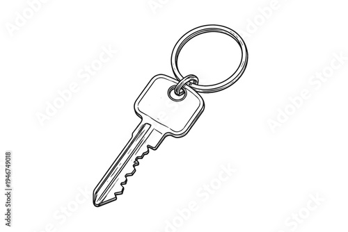 Black and white line art illustration of a metal key attached to a circular keyring, isolated on a white background with clean minimalist outline