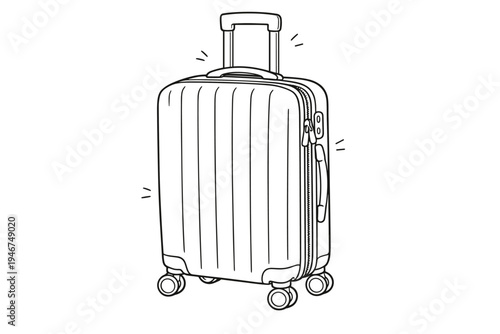 Minimal black and white line drawing of a hard shell rolling suitcase with telescopic handle, zippers, and four spinner wheels for travel luggage