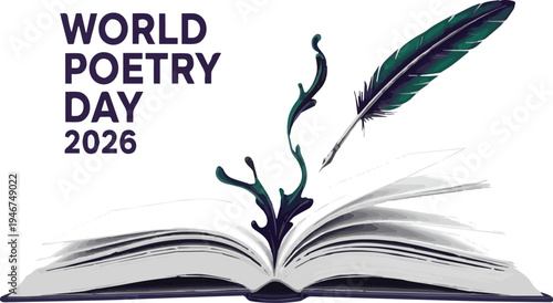 World Poetry Day 2026 Text With Open Book and Quill Pen Illustration writing literature