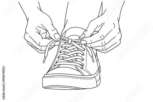 Black and white line drawing of hands tying shoelaces on a sneaker, showing lacing technique and bow knot on casual footwear