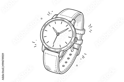 Minimalist hand-drawn wristwatch illustration with round analog dial, hour and minute hands, and stitched leather strap in monochrome line art